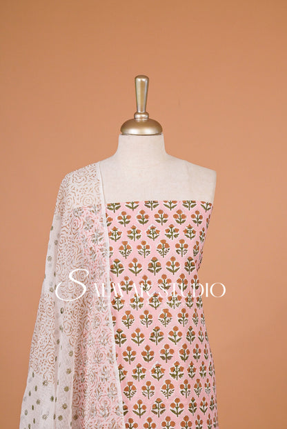 Printed Cotton Unstitched Salwar Suit Material Pastel Pink Close View.