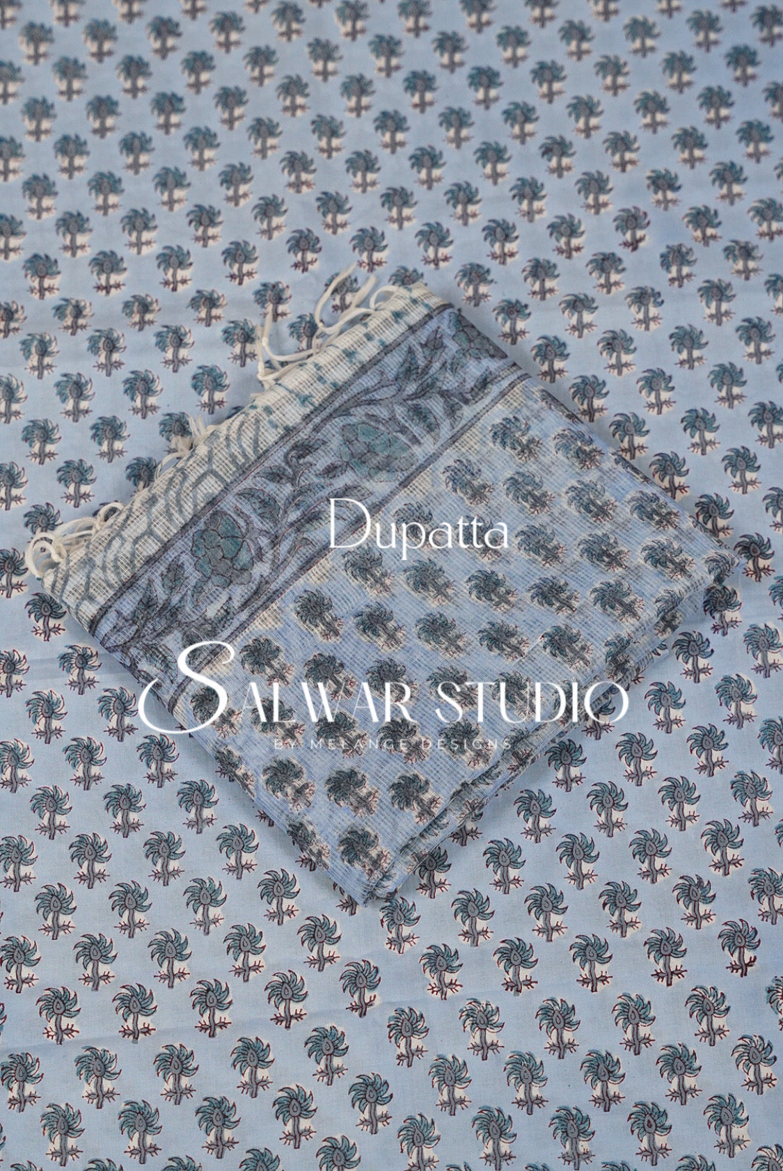 Printed Cotton Unstitched Salwar Suit Material Powder Blue Dupatta.