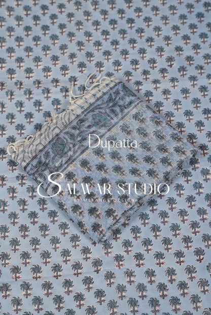 Printed Cotton Unstitched Salwar Suit Material Powder Blue Dupatta.