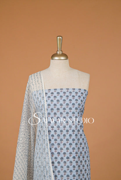 Printed Cotton Unstitched Salwar Suit Material Powder Blue Close View.