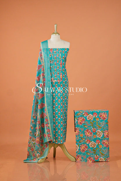 Printed Cotton Unstitched Salwar Suit Dress Material Turquoise Blue AC0164