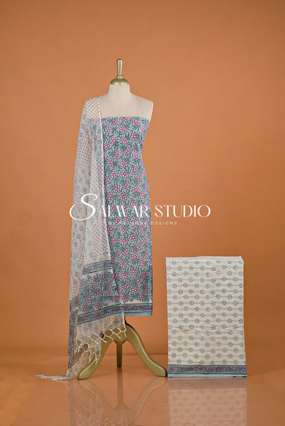 Printed Cotton Unstitched Salwar Suit Dress Material Powder Blue AC0172