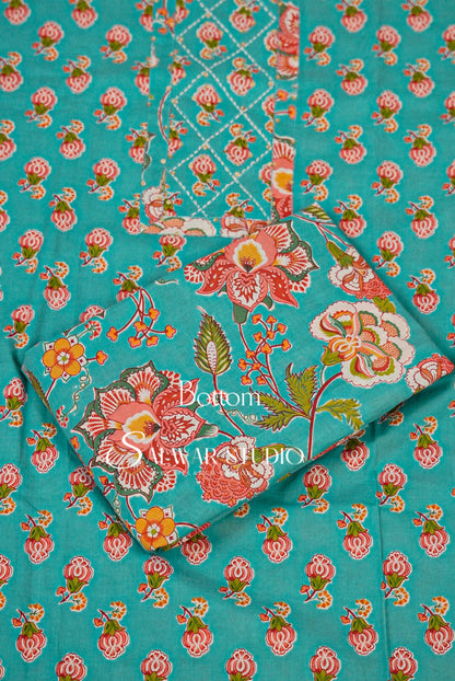 Printed Cotton Unstitched Salwar Suit Dress Material Turquoise Blue AC0164