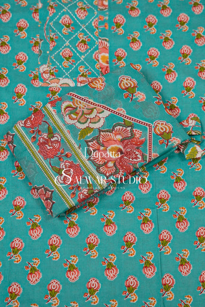 Printed Cotton Unstitched Salwar Suit Dress Material Turquoise Blue AC0164