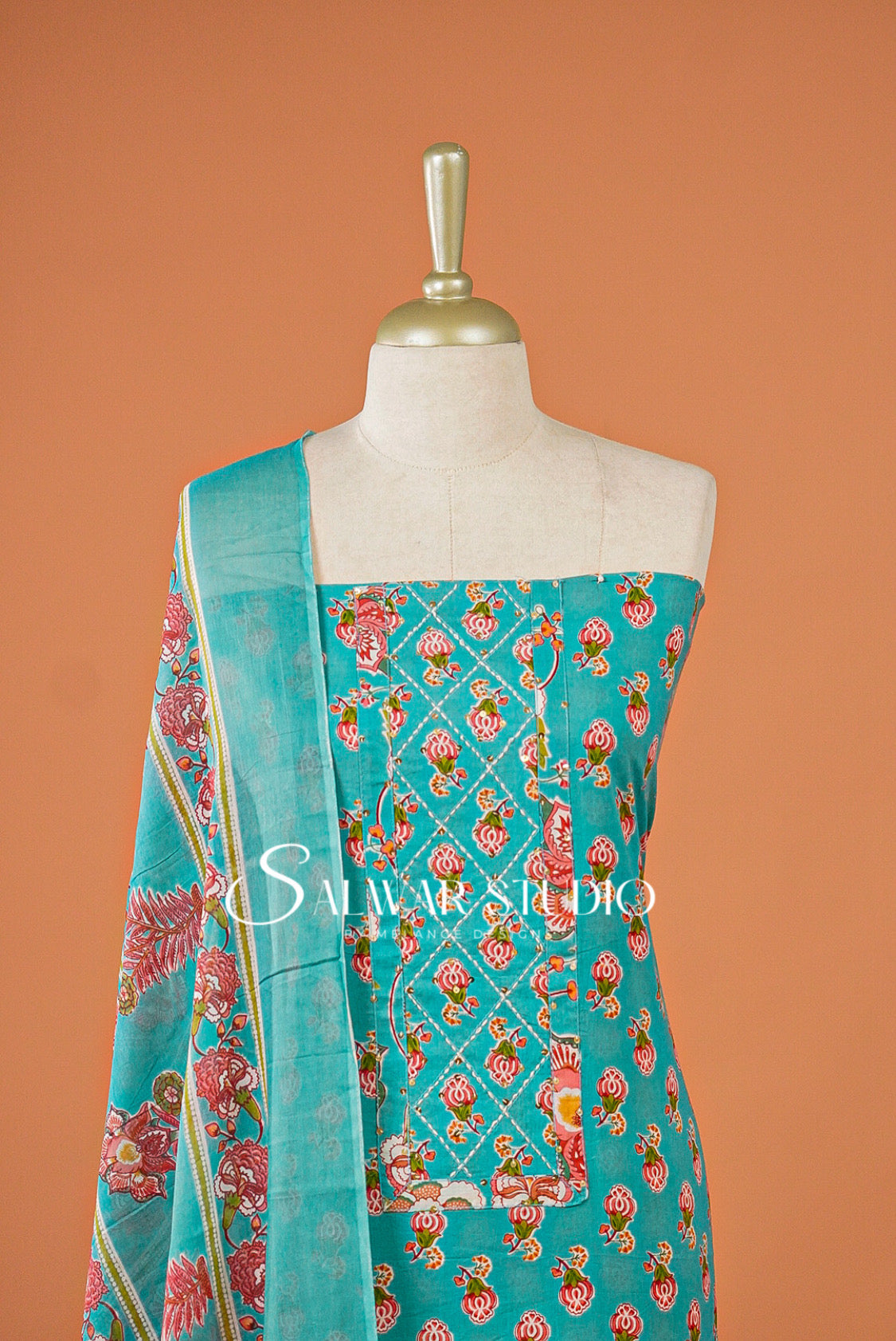 Printed Cotton Unstitched Salwar Suit Dress Material Turquoise Blue AC0164