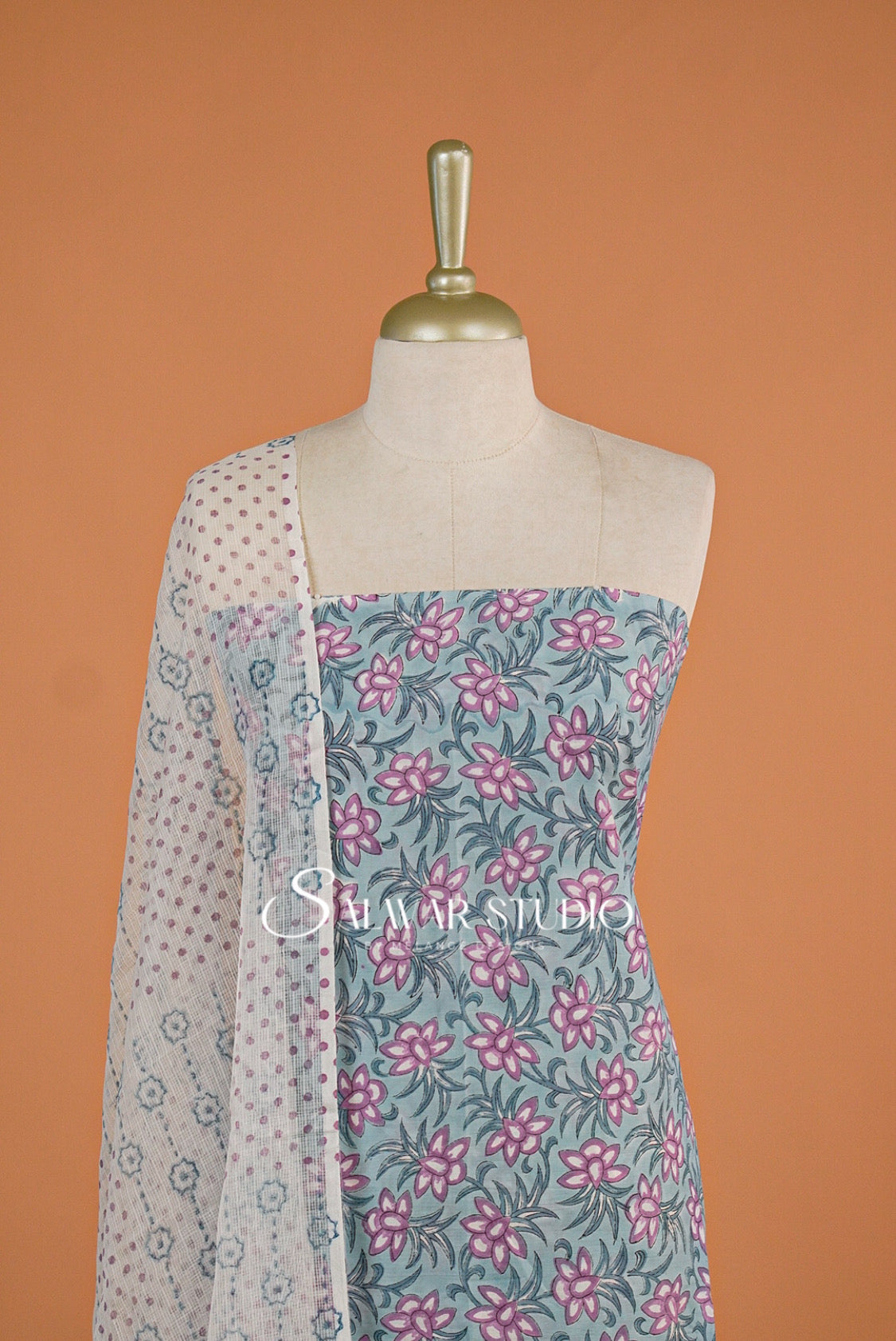 Printed Cotton Unstitched Salwar Suit Dress Material Powder Blue AC0172