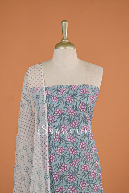 Printed Cotton Unstitched Salwar Suit Dress Material Powder Blue AC0172