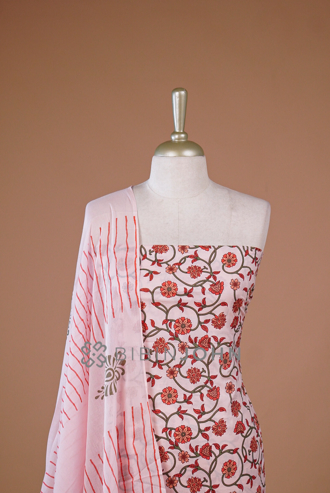 Printed Cotton Unstitched Salwar Suit Material Blush Pink Close View.
