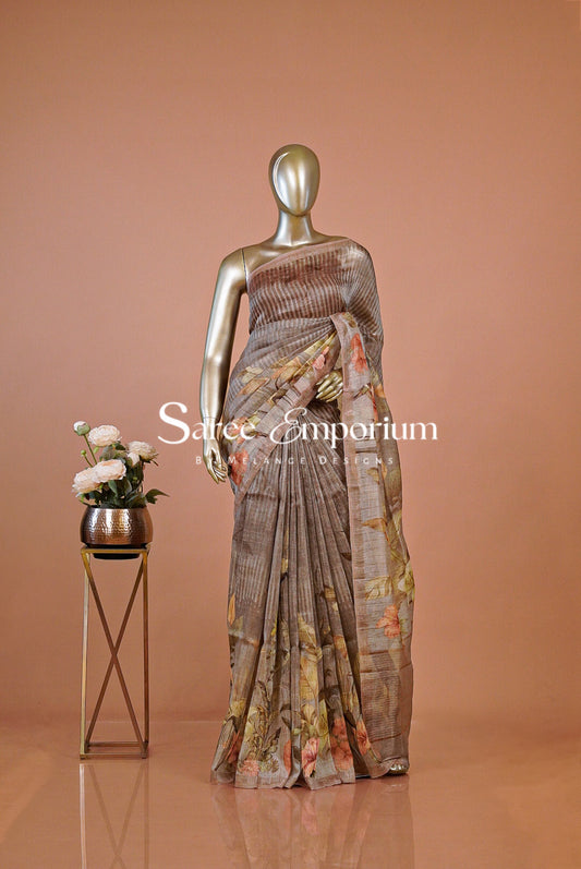 Printed Linen Saree For Women MDS0274