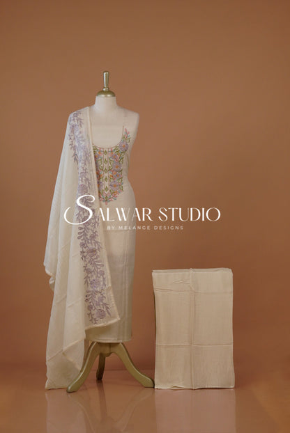 Pure Chanderi Embroidery Unstitched Salwar Suit Dress Material Off White AC0269