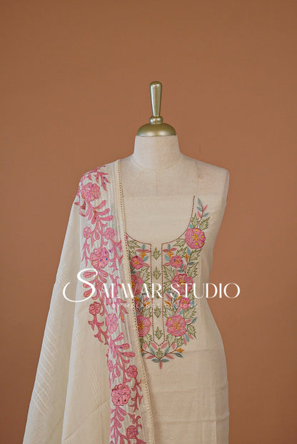 Pure Chanderi Embroidery Unstitched Salwar Suit Dress Material Off White AC0270