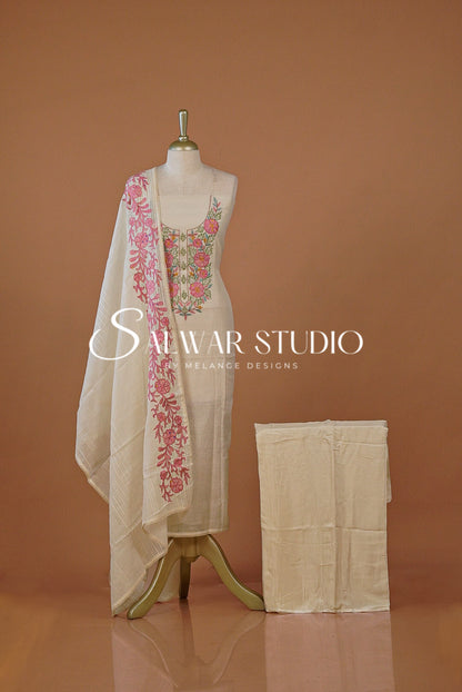 Pure Chanderi Embroidery Unstitched Salwar Suit Dress Material Off White AC0270