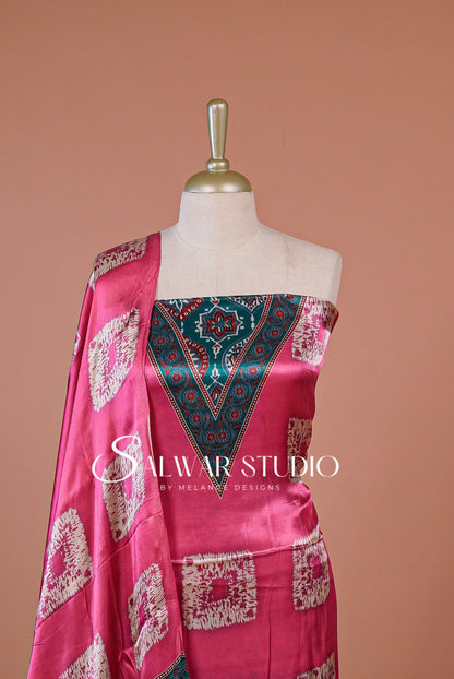 Satin Silk Unstitched Salwar Suit Dress Material Magenta AC0254
