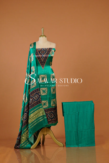 Satin Silk Unstitched Salwar Suit Dress Material Cyan Blue AC0255