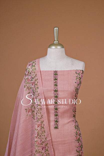 Semi Linen Embroidery Unstitched Salwar Suit Dress Material  Blush Pink AC0382