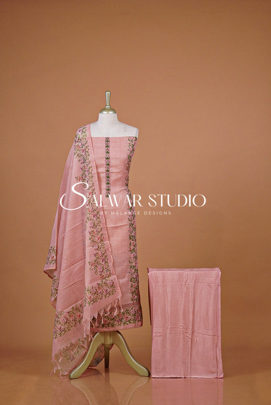 Semi Linen Embroidery Unstitched Salwar Suit Dress Material  Blush Pink AC0382