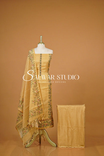 Semi Linen Embroidery Unstitched Salwar Suit Dress Material Mustard Gold AC0383