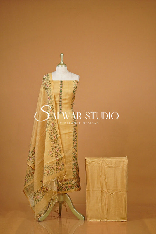Semi Linen Embroidery Unstitched Salwar Suit Dress Material Mustard Gold AC0383