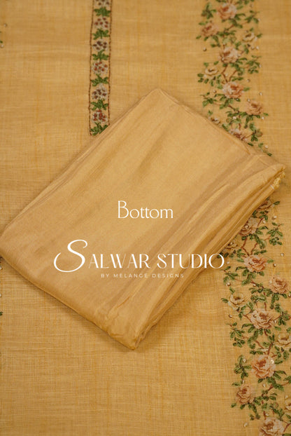 Semi Linen Embroidery Unstitched Salwar Suit Dress Material Mustard Gold AC0383
