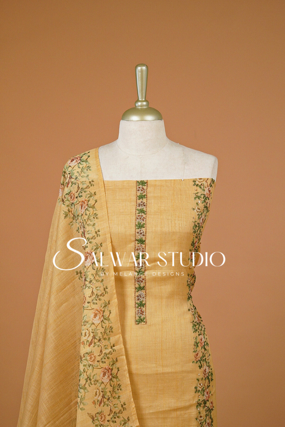 Semi Linen Embroidery Unstitched Salwar Suit Dress Material Mustard Gold AC0383