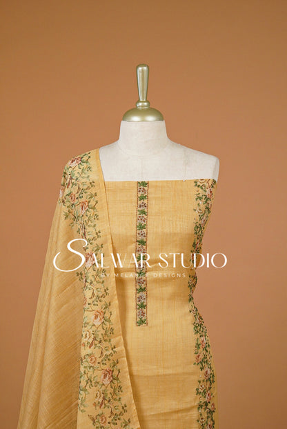 Semi Linen Embroidery Unstitched Salwar Suit Dress Material Mustard Gold AC0383