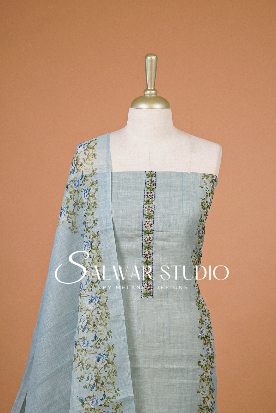 Semi Linen Embroidery Unstitched Salwar Suit Dress Material Mist Blue AC0384