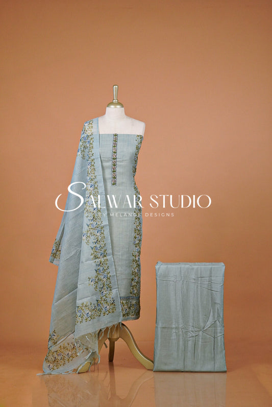 Semi Linen Embroidery Unstitched Salwar Suit Dress Material Mist Blue AC0384