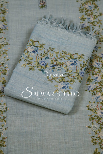 Semi Linen Embroidery Unstitched Salwar Suit Dress Material Mist Blue AC0384