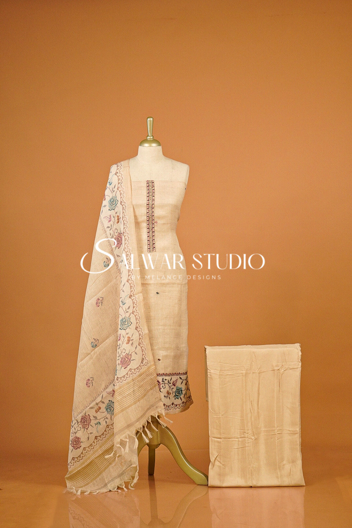 Semi Linen Embroidery Unstitched Salwar Suit Dress Material  Beige AC0385