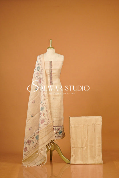 Semi Linen Embroidery Unstitched Salwar Suit Dress Material  Beige AC0385