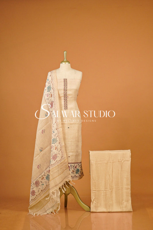 Semi Linen Embroidery Unstitched Salwar Suit Dress Material  Beige AC0385