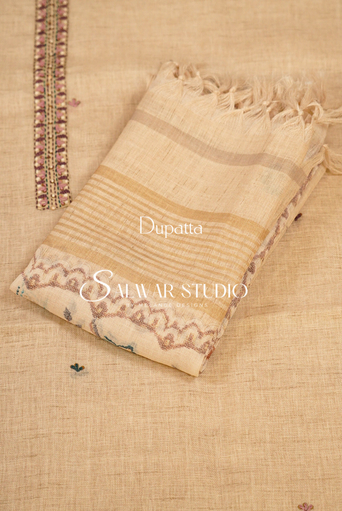 Semi Linen Embroidery Unstitched Salwar Suit Dress Material  Beige AC0385