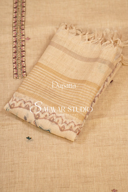 Semi Linen Embroidery Unstitched Salwar Suit Dress Material  Beige AC0385