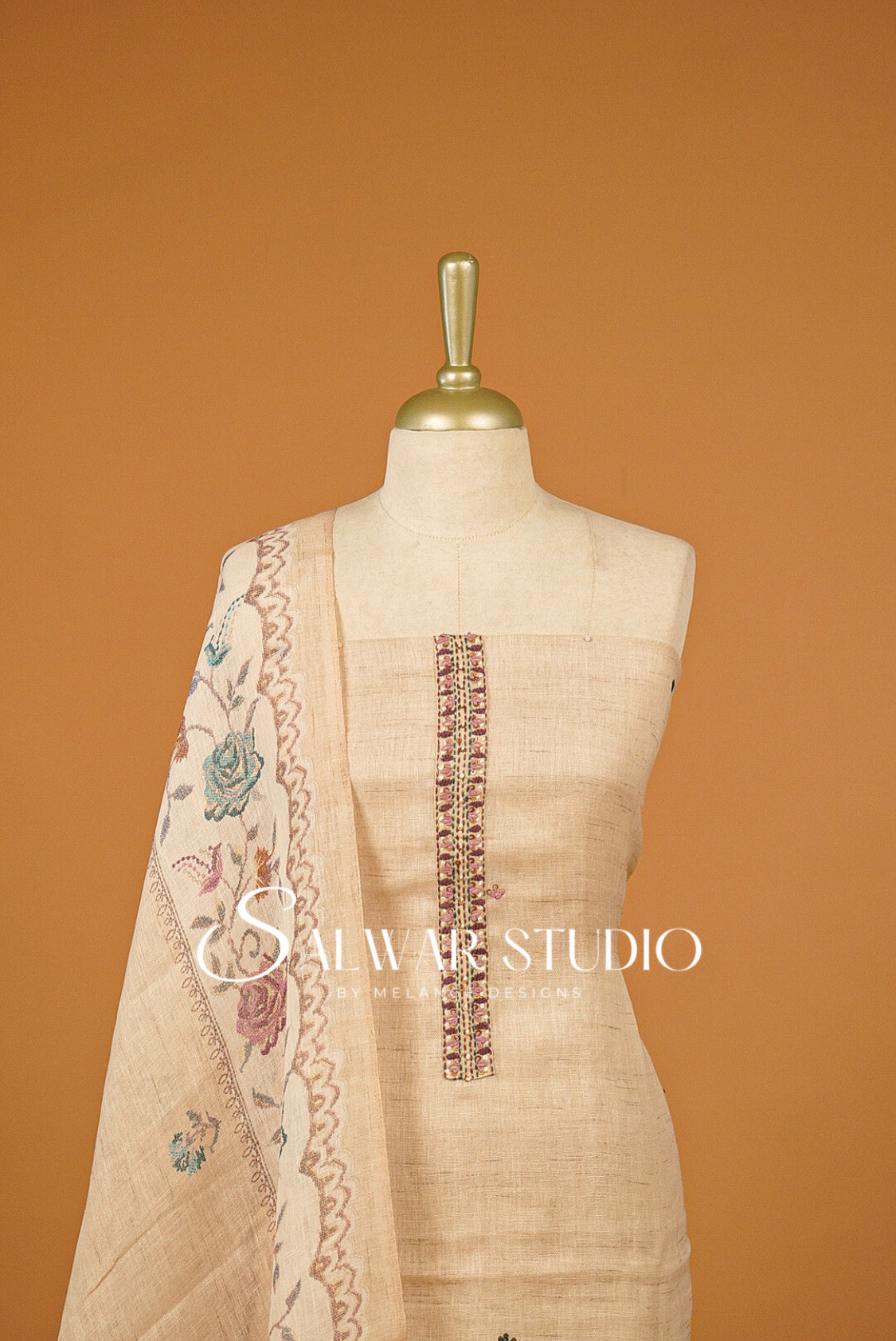 Semi Linen Embroidery Unstitched Salwar Suit Dress Material  Beige AC0385