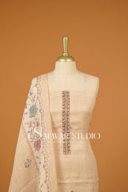 Semi Linen Embroidery Unstitched Salwar Suit Dress Material  Beige AC0385