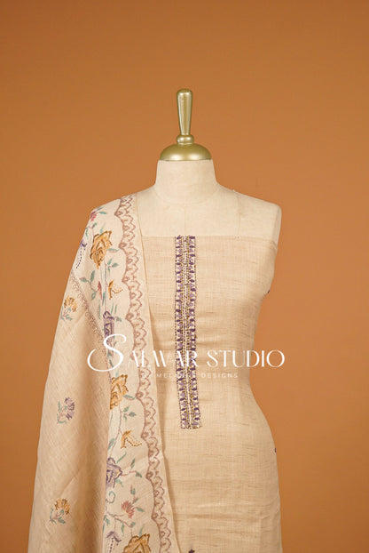 Semi Linen Embroidery Unstitched Salwar Suit Dress Material  Beige AC0386