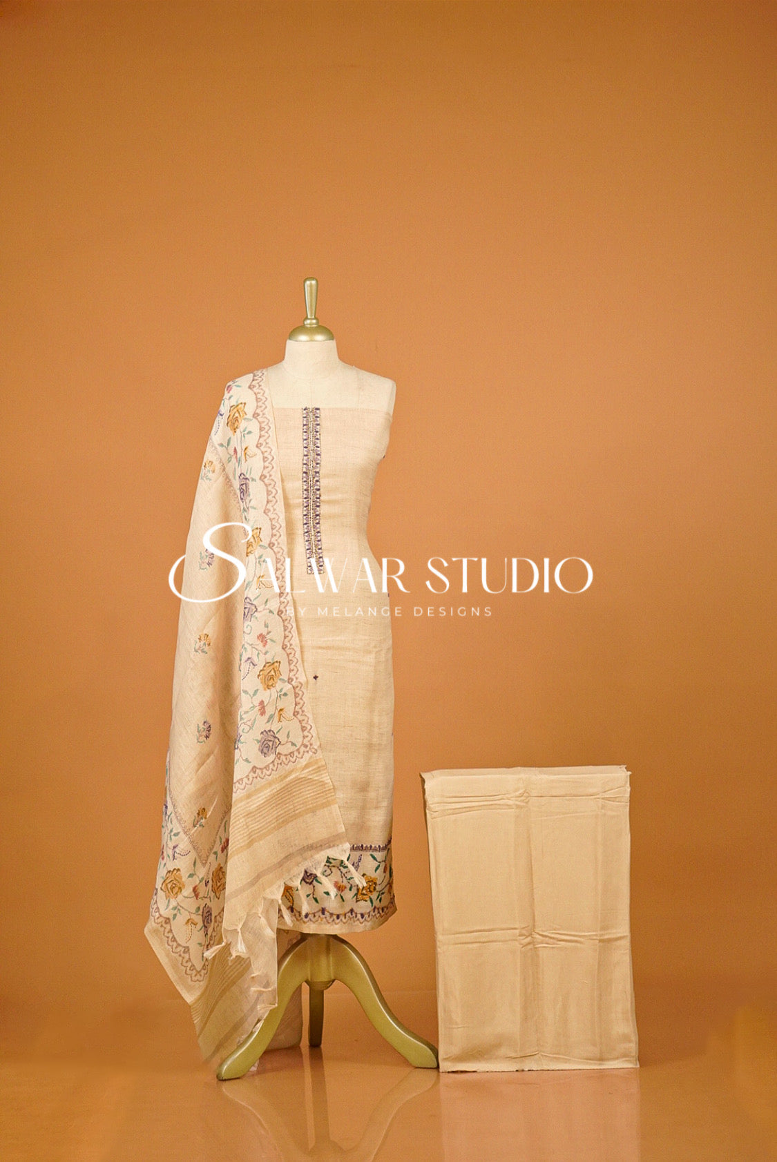 Semi Linen Embroidery Unstitched Salwar Suit Dress Material  Beige AC0386