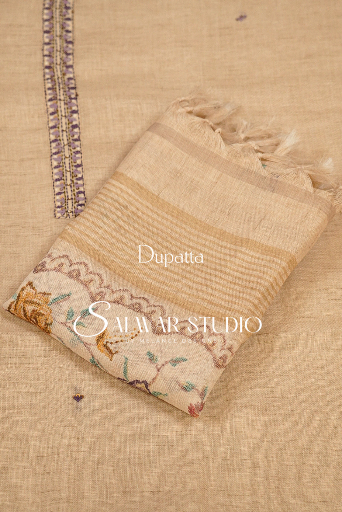 Semi Linen Embroidery Unstitched Salwar Suit Dress Material  Beige AC0386