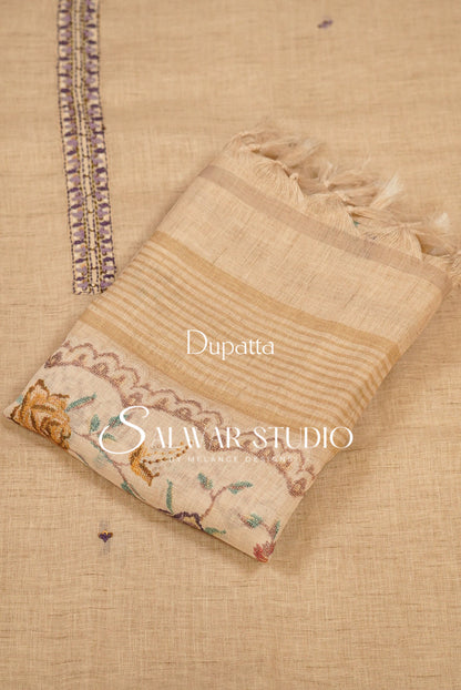 Semi Linen Embroidery Unstitched Salwar Suit Dress Material  Beige AC0386