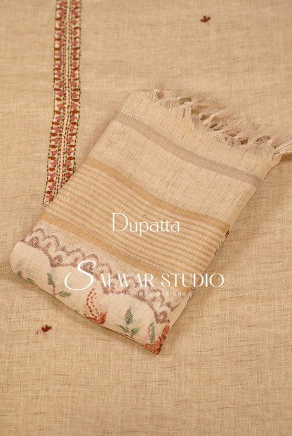 Semi Linen Embroidery Unstitched Salwar Suit Dress Material  Beige AC0387