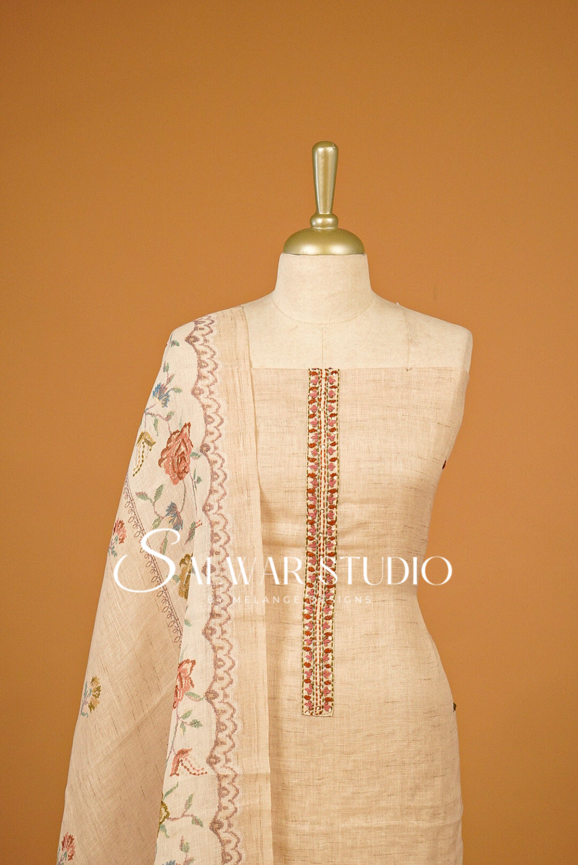 Semi Linen Embroidery Unstitched Salwar Suit Dress Material  Beige AC0387