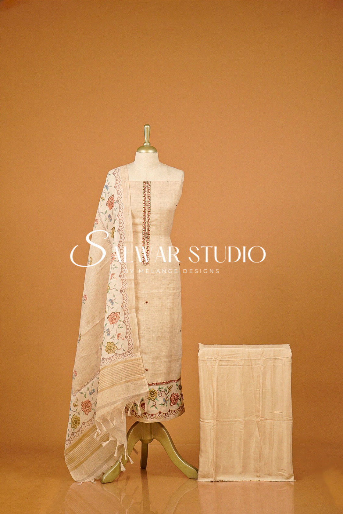 Semi Linen Embroidery Unstitched Salwar Suit Dress Material  Beige AC0387