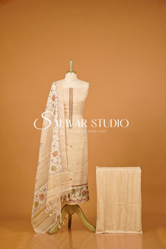 Semi Linen Embroidery Unstitched Salwar Suit Dress Material  Beige AC0387