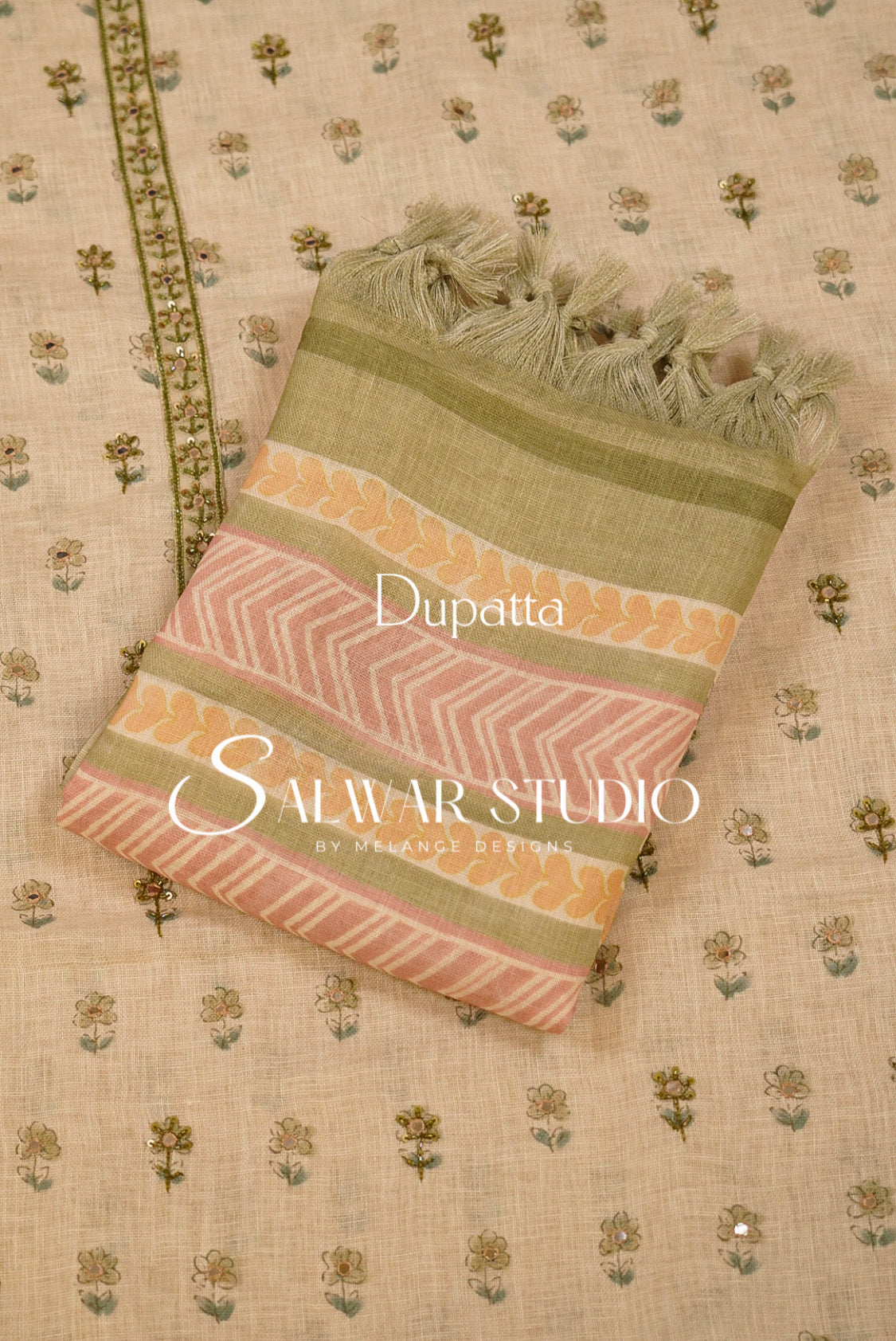 Semi Linen Embroidery Unstitched Salwar Suit Dress Material Ivory Cream with Olive Green AC0388