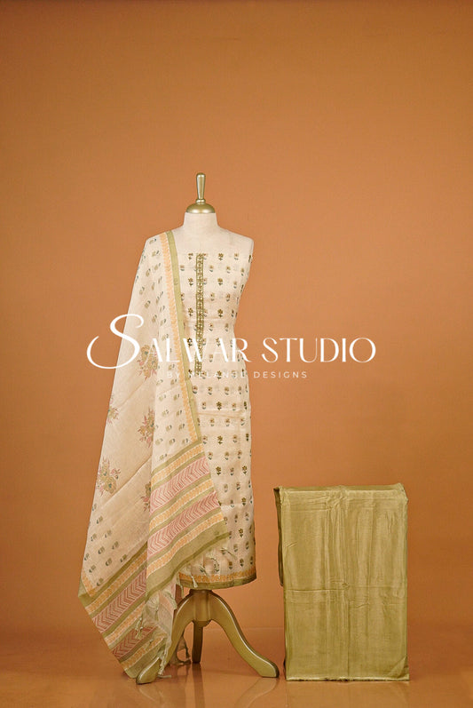 Semi Linen Embroidery Unstitched Salwar Suit Dress Material Ivory Cream with Olive Green AC0388