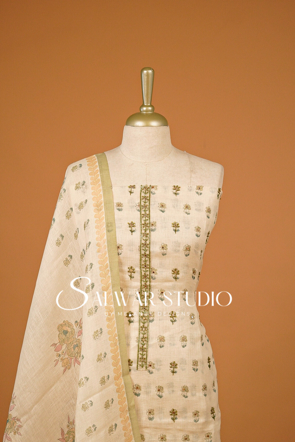 Semi Linen Embroidery Unstitched Salwar Suit Dress Material Ivory Cream with Olive Green AC0388