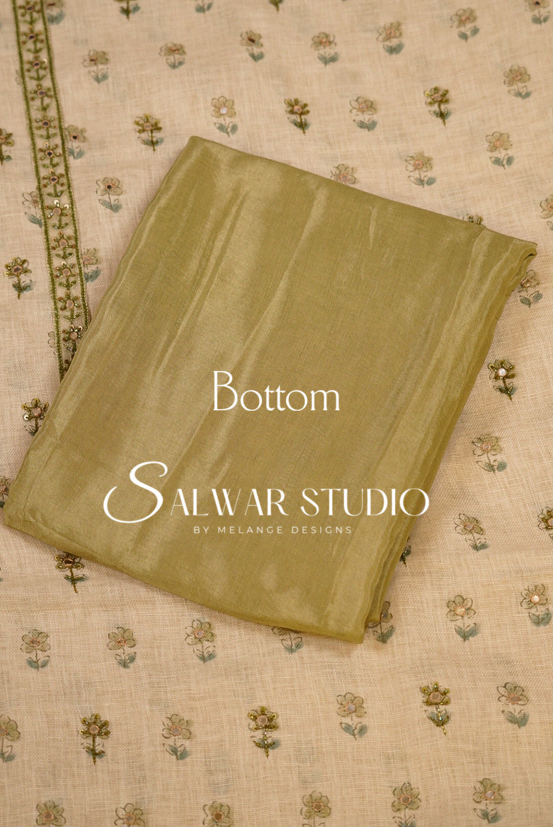 Semi Linen Embroidery Unstitched Salwar Suit Dress Material Ivory Cream with Olive Green AC0388