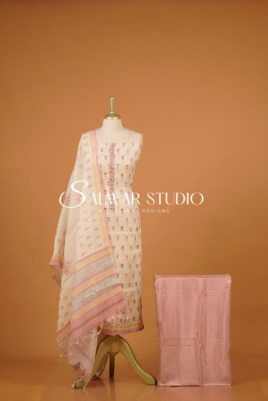 Semi Linen Embroidery Unstitched Salwar Suit Dress Material Ivory Cream with Dusty Rose Pink AC0389