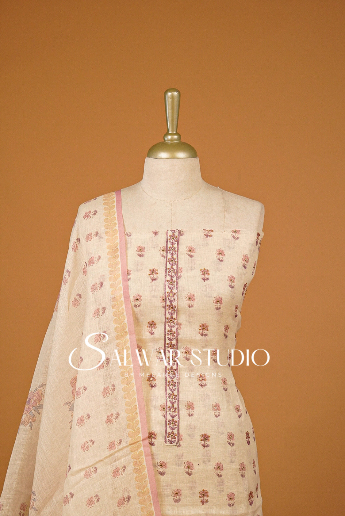 Semi Linen Embroidery Unstitched Salwar Suit Dress Material Ivory Cream with Dusty Rose Pink AC0389