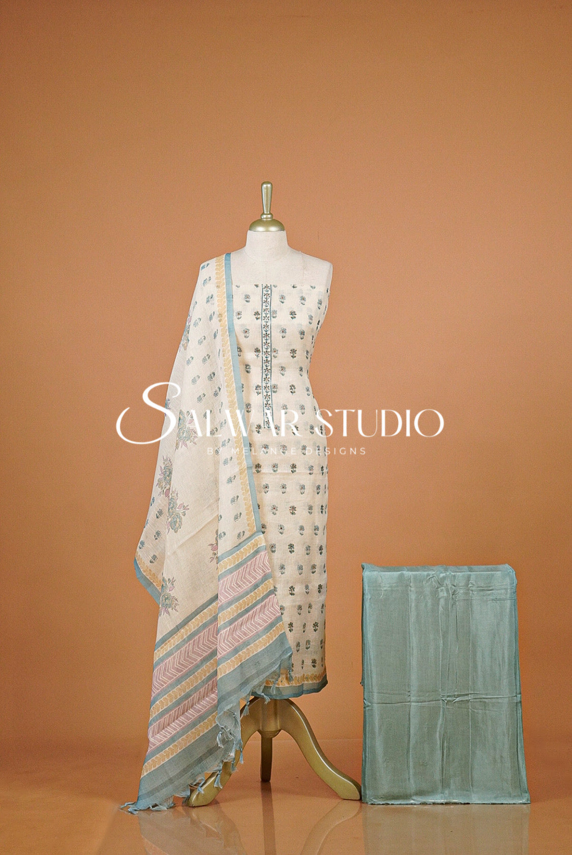 Semi Linen Embroidery Unstitched Salwar Suit Material Cream with Dusty Sea Green AC0390